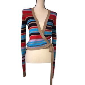 Y2K Wrap Sweater Size S Multi Stripe Metallic Gold Long Sleeve Honey Punch NEW